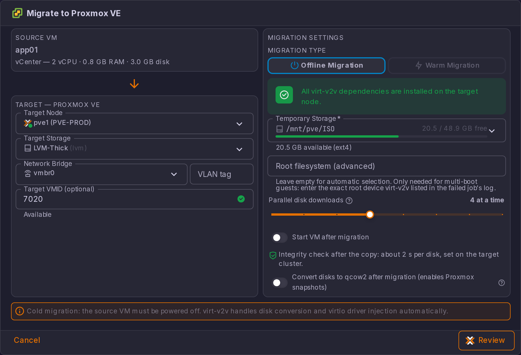 Migrate to Proxmox VE dialog, offline migration of app01 to pve1 on LVM-Thick: Migration Settings with the virt-v2v dependencies check, Temporary Storage /mnt/pve/ISO with 20.5 GB available, Root filesystem (advanced), Parallel disk downloads at 4, Start VM after migration, the integrity check note and Convert disks to qcow2 after migration.