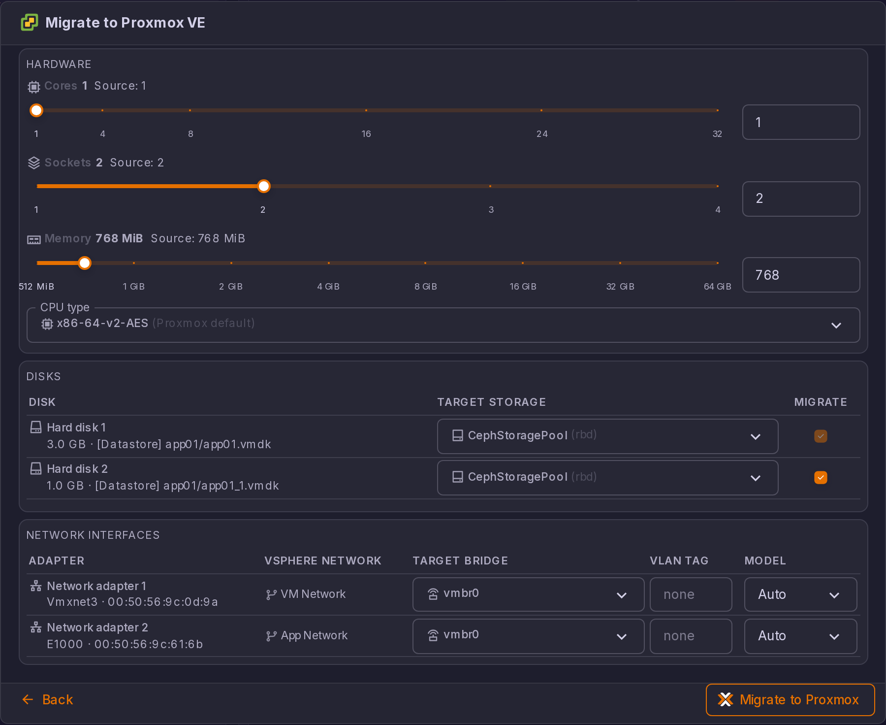 Review step of the Migrate to Proxmox VE dialog: Hardware with Cores, Sockets and Memory sliders and the CPU type, Disks with a Target storage and a Migrate checkbox per disk, and Network interfaces with the vSphere network, Target bridge, VLAN tag and Model of each adapter, then Back and Migrate to Proxmox.